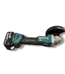 Cordless angle grinder with a battery pack, turquoise and black, facing right with a circular grinding disc.