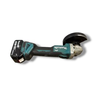 Cordless angle grinder with a battery pack, turquoise and black, facing right with a circular grinding disc.