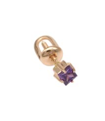 Gold screw-back stud earring with a square-cut purple gemstone, close-up