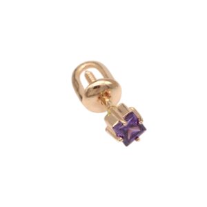 Gold screw-back stud earring with a square-cut purple gemstone, close-up