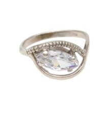 Silver ring with a marquise-cut clear gemstone held by four prongs near a decorative band.