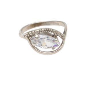 Silver ring with a marquise-cut clear gemstone held by four prongs near a decorative band.