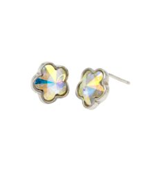 Silver-tone flower-shaped stud earrings with rainbow iridescent crystals.