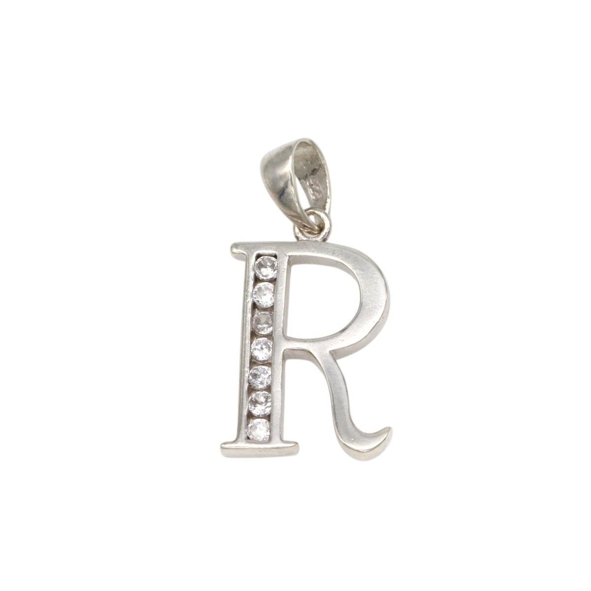 74cde7ed42b1958b915a4ff4fb395443jpg - Mezola OÜ Silver letter 'R' pendant with a row of small clear stones along the left stem, hanging from a bail.