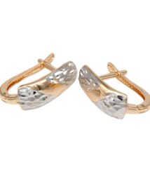 Rose-gold hoop earrings with faceted silver-toned front crescents facing each other, jewelry style.