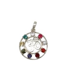 Circular pendant featuring an Om symbol, surrounded by colored gems set in silver-tone metal.