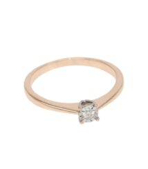 Rose gold ring with a single diamond solitaire held by four prongs on a thin band (engagement ring).