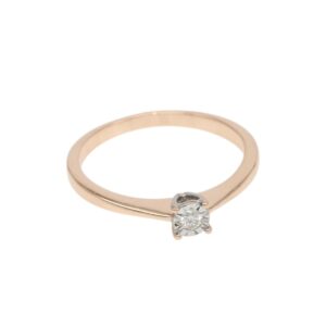 Rose gold ring with a single diamond solitaire held by four prongs on a thin band (engagement ring).
