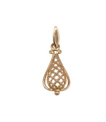 Gold teardrop pendant with open lattice design and small ball at bottom, hanging from a bail