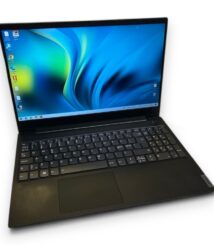 Open black laptop with a bright blue wallpaper on the screen, keyboard and touchpad visible on white background.