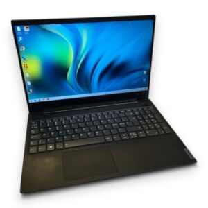 Open black laptop with a bright blue wallpaper on the screen, keyboard and touchpad visible on white background.