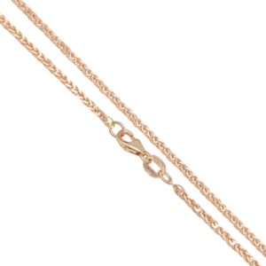 Rose gold braided chain necklace with a lobster clasp in a diagonal orientation on a white background