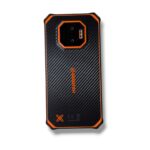 Rugged black smartphone back with orange bumper and hexagonal camera housing outlined in orange on a carbon-fiber pattern back, HAMMER logo visible.