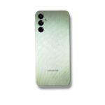 Back view of a green Samsung smartphone with a vertical triple-camera module and brushed metal finish.