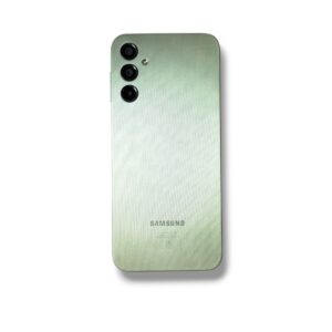 Back view of a green Samsung smartphone with a vertical triple-camera module and brushed metal finish.