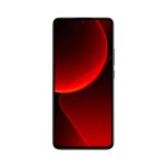 Close-up of a smartphone with a red abstract wallpaper on a tall edge-to-edge display and rounded corners.