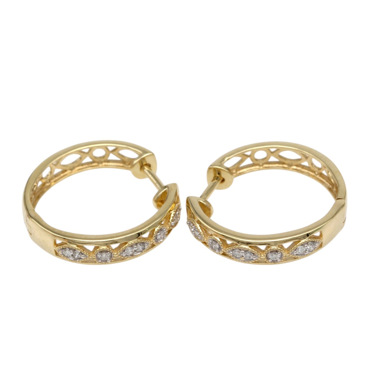 b2e9f134a1d30888d686107226819aa6jpg - Mezola OÜ Gold hoop earrings with a lattice cutout design and small diamonds along the front arc
