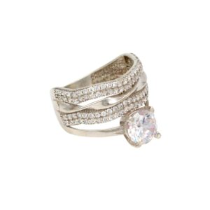 Silver ring with two curved, diamond-encrusted bands and a large round central gemstone