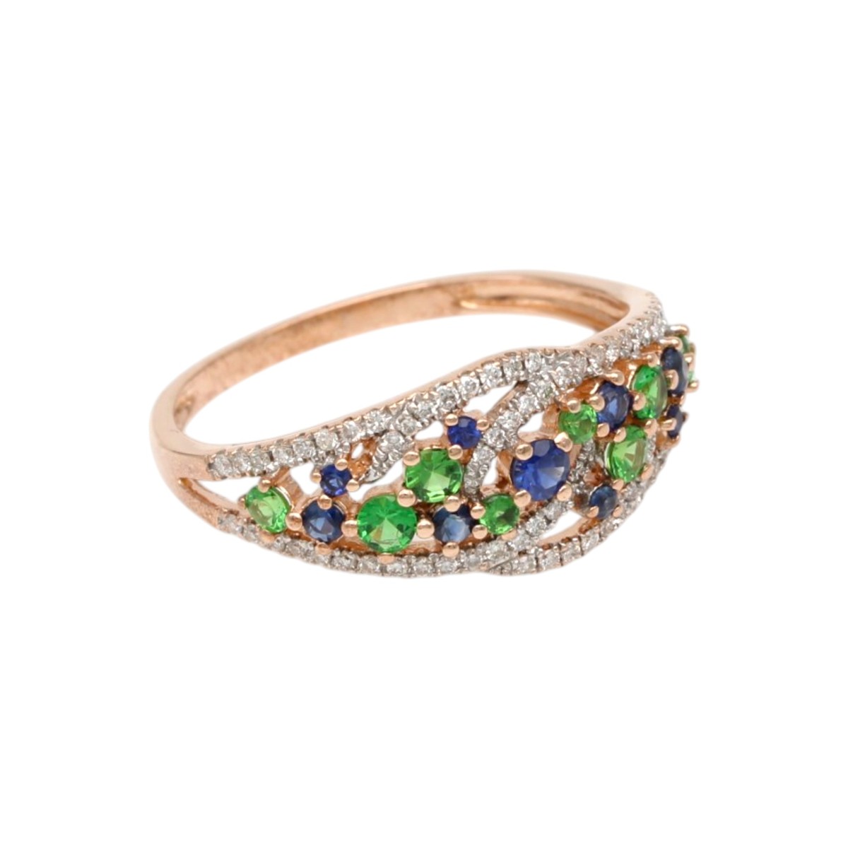 b728e1ce241fa1e684654535f4c9862bjpg - Mezola OÜ Rose gold ring with a curved, diamond-encrusted band and green emeralds and blue sapphires as colorful accents on the front.