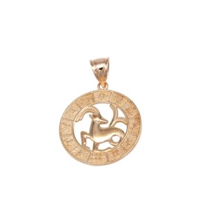 Gold circular zodiac pendant with a central horse figure and surrounding zodiac symbols