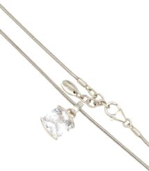 Silver necklace with a single clear gemstone pendant in a four-prong setting on a delicate chain.