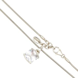 Silver necklace with a single clear gemstone pendant in a four-prong setting on a delicate chain.