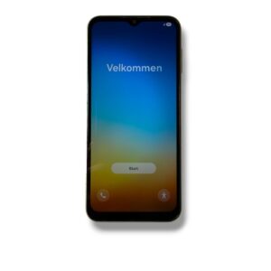 Smartphone showing a welcome screen with the word Velkommen and a Start button.