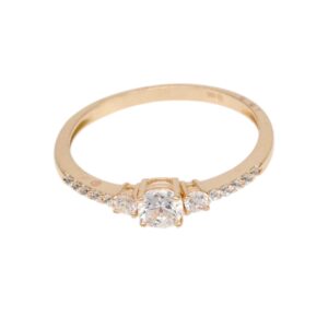 Rose gold engagement ring with a central round diamond and smaller diamonds along the band