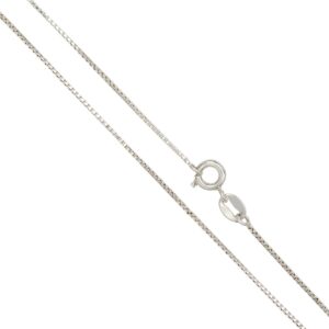 Close-up of a silver box chain necklace with a spring ring clasp and small circular tag, diagonal orientation