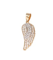 Gold wing-shaped pendant encrusted with small clear diamonds, hanging from a matching gold bail.