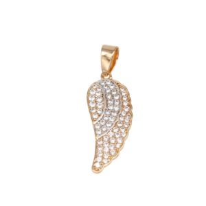 Gold wing-shaped pendant encrusted with small clear diamonds, hanging from a matching gold bail.