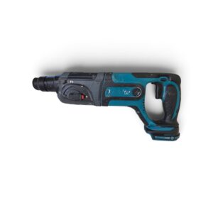 Cordless rotary hammer drill in teal and black with a pistol grip and side switch, labelled Makita.