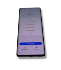 Smartphone showing a Welcome setup screen with language options and a blue Get Started button. English is highlighted at the top.