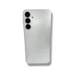 Back of a silver Samsung smartphone with three vertical camera lenses in the top-left corner, plus a small flash.