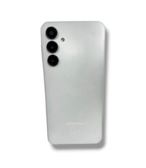 Back of a silver Samsung smartphone with three vertical camera lenses in the top-left corner, plus a small flash.