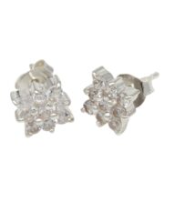 Silver flower cluster stud earrings with clear cubic crystals