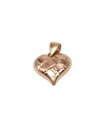 Rose gold heart pendant with a faceted, reflective surface and a small top bail for a chain User: It's a jewelry piece.