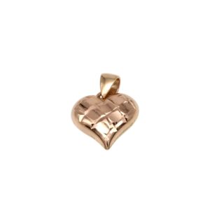 Rose gold heart pendant with a faceted, reflective surface and a small top bail for a chain User: It's a jewelry piece.