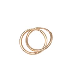 Two thin gold hoop earrings intertwined on a white background, showing a simple circular design in rose/gold tone.