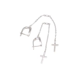 Silver jewelry set with two cross pendants on delicate chains and matching lever-back earrings with hanging cross charms.
