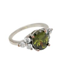 Silver ring with an oval olive-green center stone and surrounding clear diamonds on both sides, set in a metallic band.