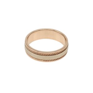 Rose-gold tone ring with a textured central band and twisted rope edges, jewelry style accessory
